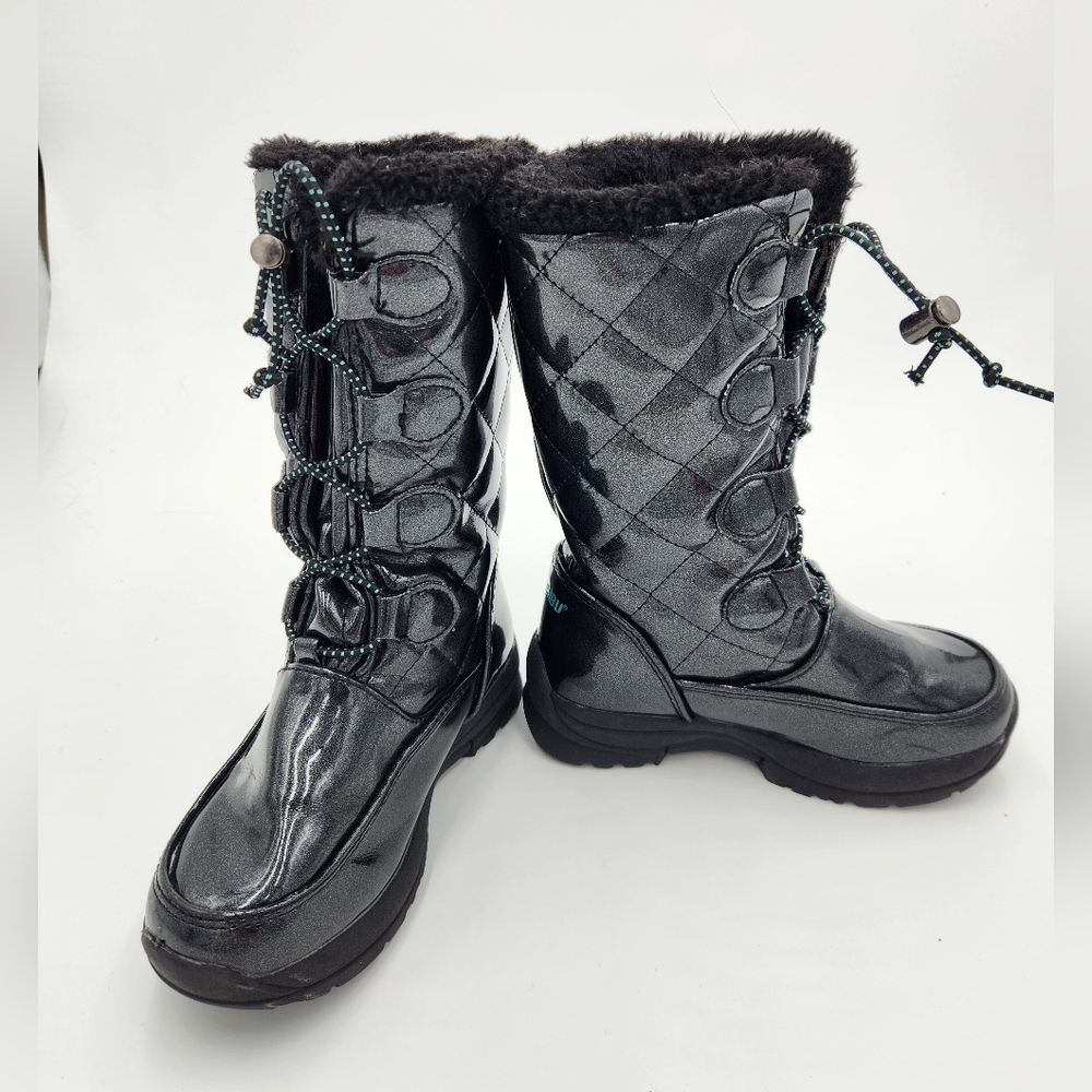 Khombu Metallic Black Lace Up No Tie Snow Boots Girls Size 11